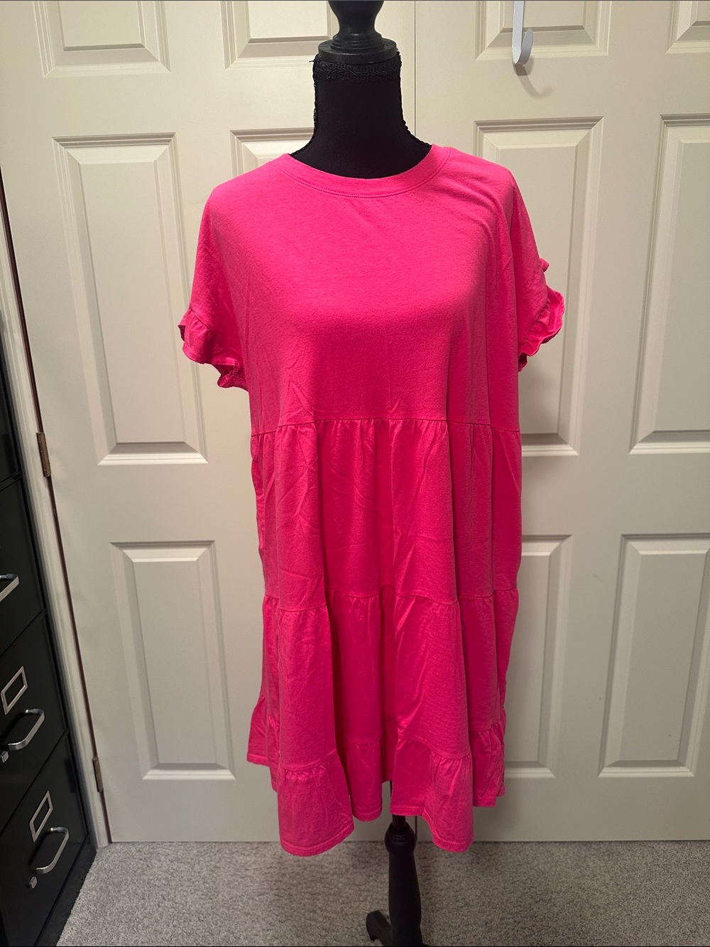 J. Crew Bright Pink Tiered Short Sleeve Dress